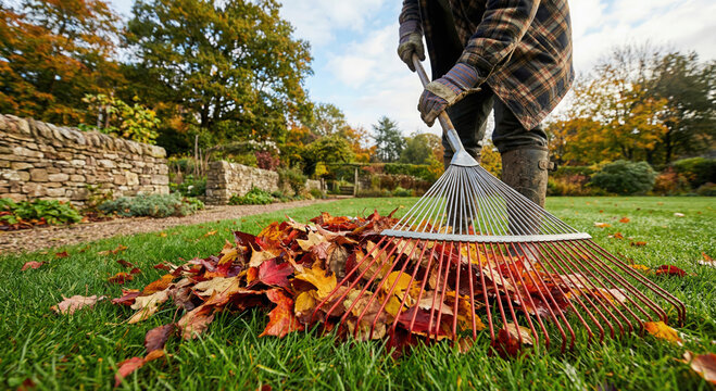 Person raking colorful autumn leaves on a green lawn fall garden