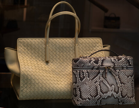 Luxury bags displayed in the window, Bang Bang snake and Barbara, tote butter yellow, by Bottega Veneta. Milan - Italy, 2 March 2026