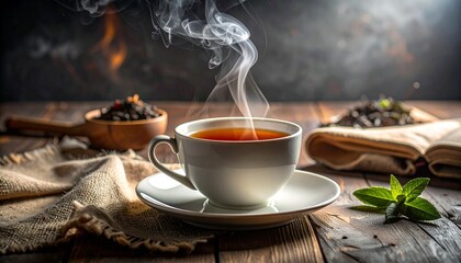 Fototapeta premium Steaming Cup of Tea on Rustic Wooden Table with Linen Napkin and Mint Leaves for Relaxing Moment.