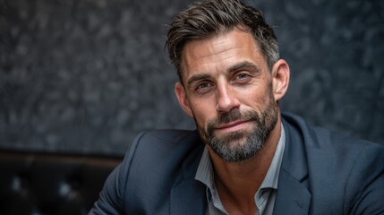 Obraz premium Man in business suit sits confidently in modern office setting while engaging with the camera