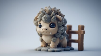Fototapeta premium Adorable stone lion cub statue with curly fur and tusks sitting on rocks, cute mythical guardian creature illustration in a clean minimalist background, stylized clay sculpture art