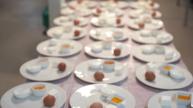 A large number of breakfast plates for children at school or employees of enterprises. On a plate of egg, honey, cheese and cottage cheese.