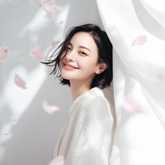 美しい肌の女性と桜が舞う春の背景