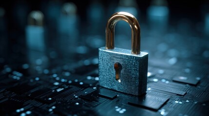 Metallic padlock on a circuit board illustrating digital security concepts
