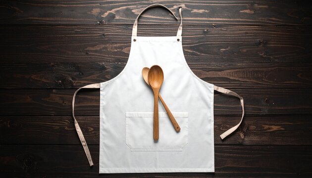 Clean White Apron and Wooden Spoons on a Rustic Dark Wood Table Ready for Cooking or Baking Preparation.