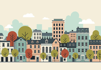 Obraz premium Modern Flat Design Cityscape with Colorful Buildings and Stylized Trees
