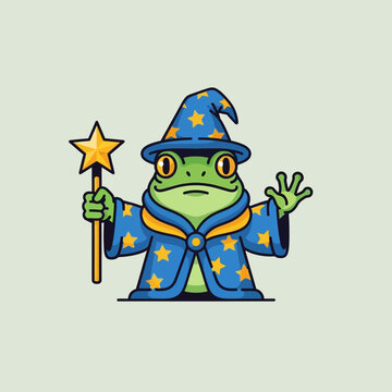Cute Frog Wizard with Magic Wand and Star Hat, Cartoon Character