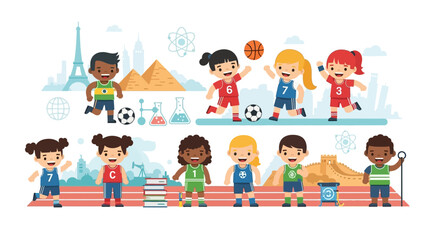 Diverse group of happy children engaged in various sports activities.