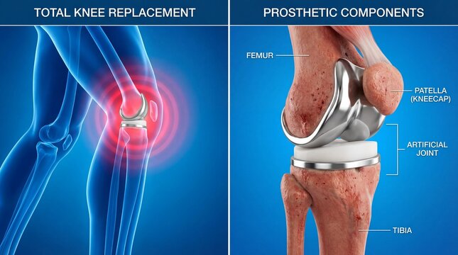 Total knee replacement surgery with prosthetic components including femur, patella, artificial joint, and tibia for damaged knee joint relief and improved mobility.