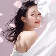 美しい肌の女性と桜が舞う春の背景