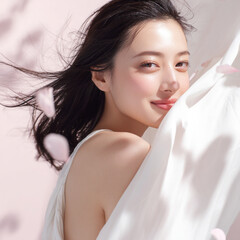 美しい肌の女性と桜が舞う春の背景