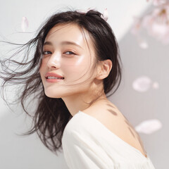 美しい肌の女性と桜が舞う春の背景