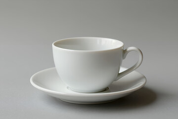 Fototapeta premium Minimalist White Ceramic Coffee Cup on Matching Saucer Isolated Against Neutral Gray Background for Modern Café or Tea Service Design
