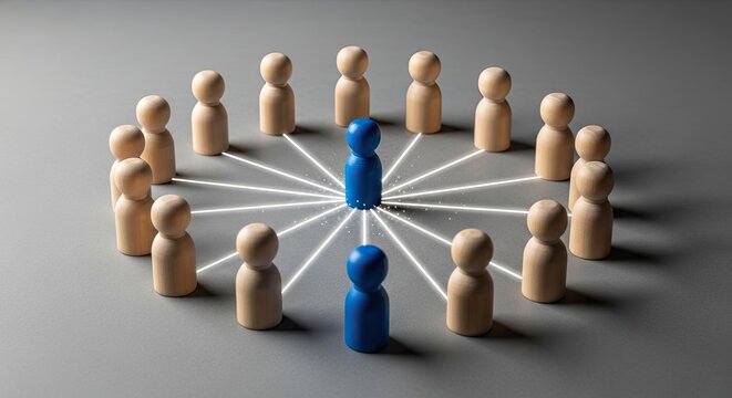 Wooden pawn figures, blue central networked circle on neutral grey background, team leadership collaboration Concept