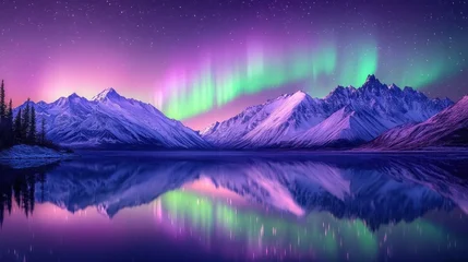 Poster Reflectie majestic northern lights in green and purple over snow-covered jagged mountains and pine trees, reflected on a glassy lake, a serene and awe-inspiring starlit winter twilight  © k