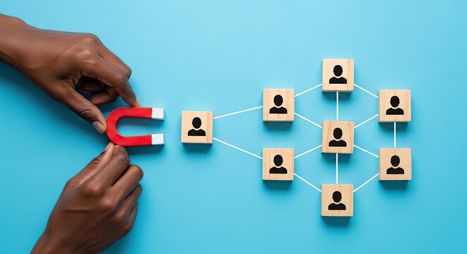 Dark-skinned hands holding red magnet pulling user icon blocks, connected network recruitment Concept