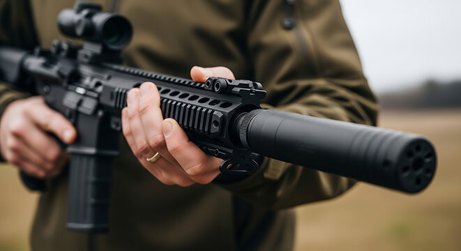 Close-up of person holding a tactical rifle with a suppressor, detailed view