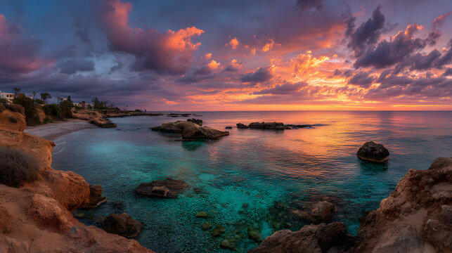 A panoramic view of a beach in Paphos, Cyprus, with rocks on the shore against a sunset background. Illustration of a natural landscape background.