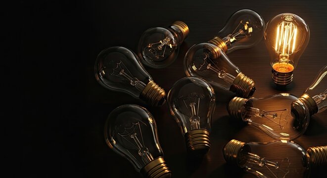 edison light bulbs scattered on dark wood, one glowing warm amber, idea inspiration concept