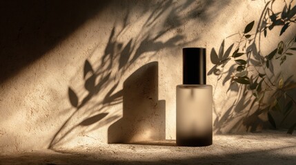 Elegant perfume bottle with a natural light shadow cast in the background, a display of luxurious beauty