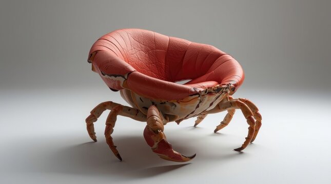 A surreal crab with a cracked red leather armchair as its shell walking on a white background