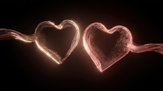 Two interconnected glowing hearts against a black background, symbolizing love and connection
