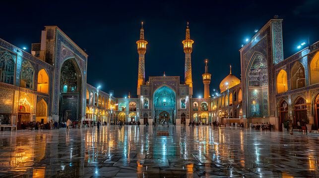 Panorama of a square in Qom, Iran with iconic architecture at night. Illustration of a cityscape in Iran.