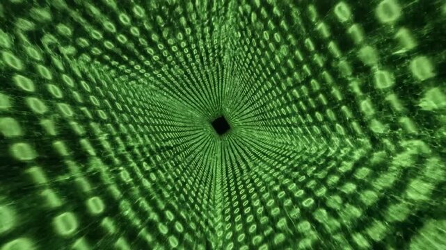 Digital tunnel zoom with green binary code