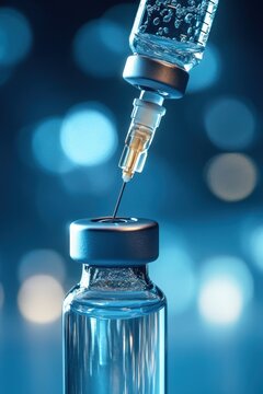 close-up of syringe drawing clear solution from glass medical vial with visible bubbles against soft blue bokeh, sterile hopeful clinical mood