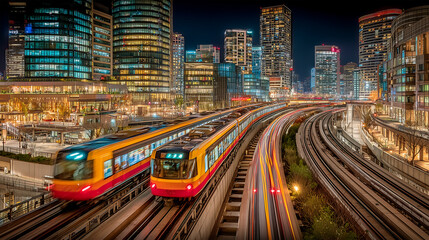 Obraz premium Elevated Trains Speeding Through a Vibrant Night City