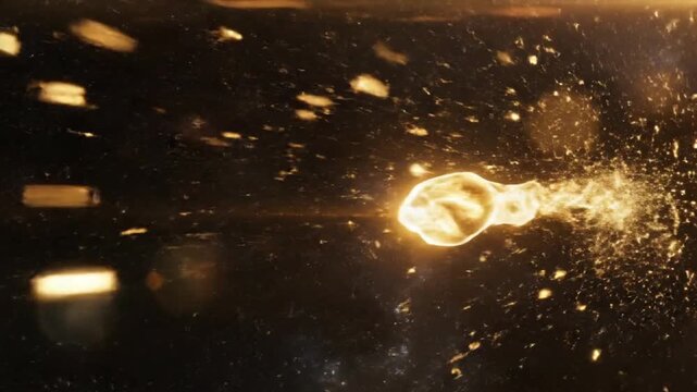 A close-up shot of a glowing light bulb exploding in a dark room with a cinematic lighting effect and warm golden tones.