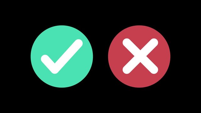 Yes No animation icon bounce effect. Checkmark and Cross mark symbols. Tick sign green color and X sign red color. Bouncing yes and no choice symbols. 4K video