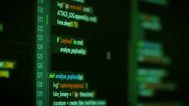Close up computer monitors displaying fictional programming code and software development interface, technology workspace concept