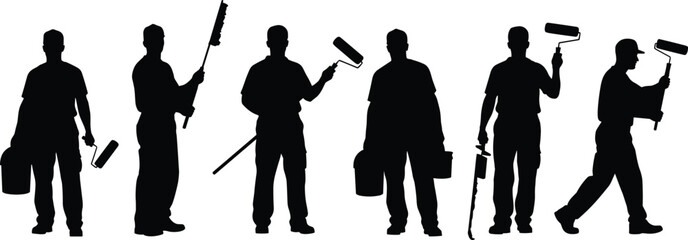 Black silhouettes of house painters and decorators holding rollers and paint buckets isolated on white background for construction renovation and home improvement services. © Khorshed