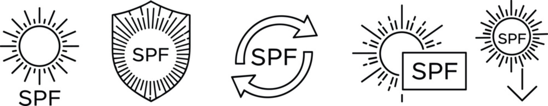 Black SPF Sun Protection Icon Set Featuring Sun Shields and Renewal Symbols for Skincare Packaging Cosmetic Product Labels Dermatological Safety and UV Ray Defense