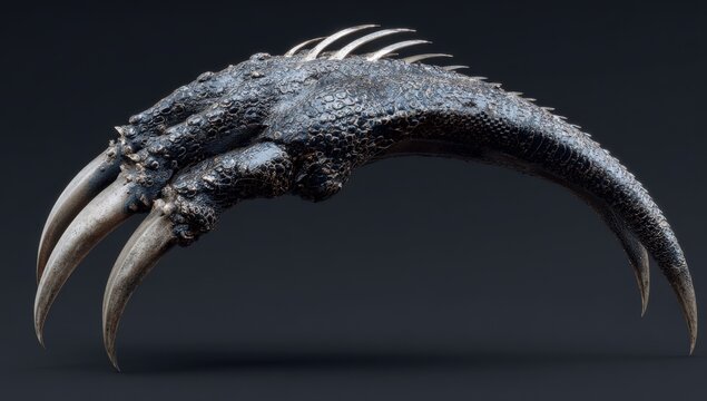Detailed close-up of a black dragon claw with sharp, curved talons and textured scales against a dark background, showcasing intricate design and craftsmanship