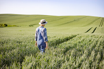 A person wearing overalls and a hat walks through a vast, green wheat field under a clear blue sky, surveying the crops