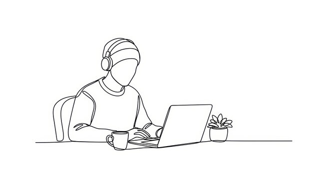 One Line Drawing of Person Working on Laptop with Headphones and Coffee