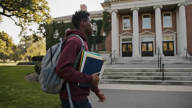 Young student walking on campus with books and backpack, sunny day, university building