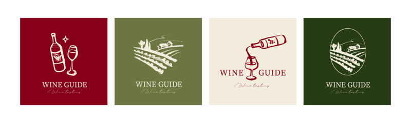 Naklejka premium Wine sketch logo set in crayon hand drawn graphic style. Retro drawing. Menu design, winery sign, vineyard emblem, alcohol bar symbol. Vector illustration
