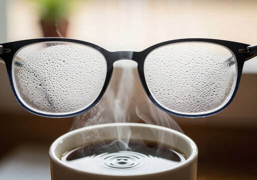 Steam fogging up glasses above steaming coffee cup on table  