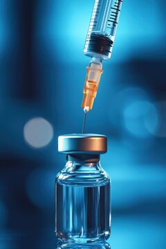 Close-up of a syringe needle piercing the rubber stopper of a sealed glass vial of clear liquid against a cool blue sterile background, conveying clinical calm and readiness