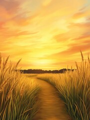 Fototapeta premium A serene path through golden wheat fields under a vibrant sunset sky
