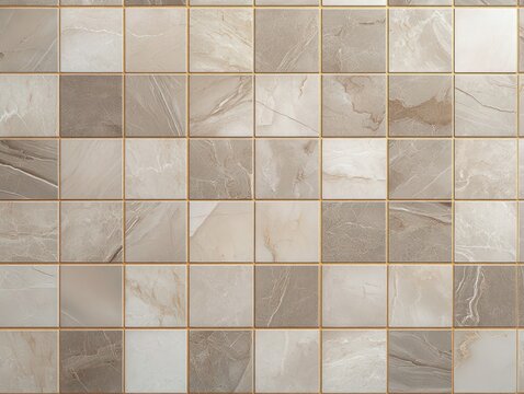 beige and gray marble square tiles with gold grout forming an elegant, calm mosaic grid