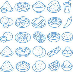 Set of 20 line art icons related Indian Food transparent