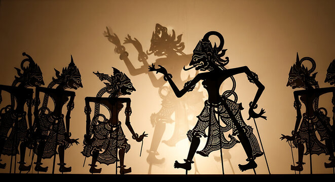 Dramatic silhouettes of traditional shadow puppets performing, showcasing cultural artistry and captivating visual storytelling