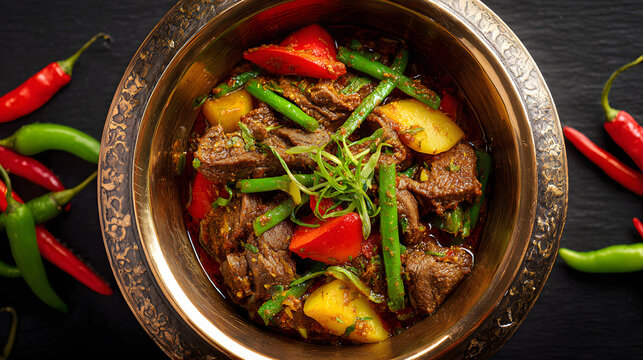 Beef karahi dish in a bowl on a dark background. Traditional Pakistani background illustration.