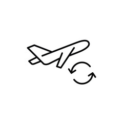 Airplane taking off and renew arrows. Flight schedule update, new time. Pixel perfect, editable stroke vector icon