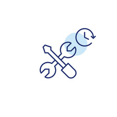 Data synchronisation, timed settings and system renewal. Wrench, screwdriver tools and clock. Pixel perfect, editable stroke vector icon