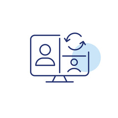 Users on video call and refresh arrows. Conference laptop interface. Meeting update, remote profile refresh, virtual call renewal. Pixel perfect, editable stroke vector icon